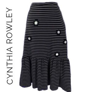 Cynthia Rowley Black Ava Embellished Midi Stripped Skirt Flounce Hem Size Large